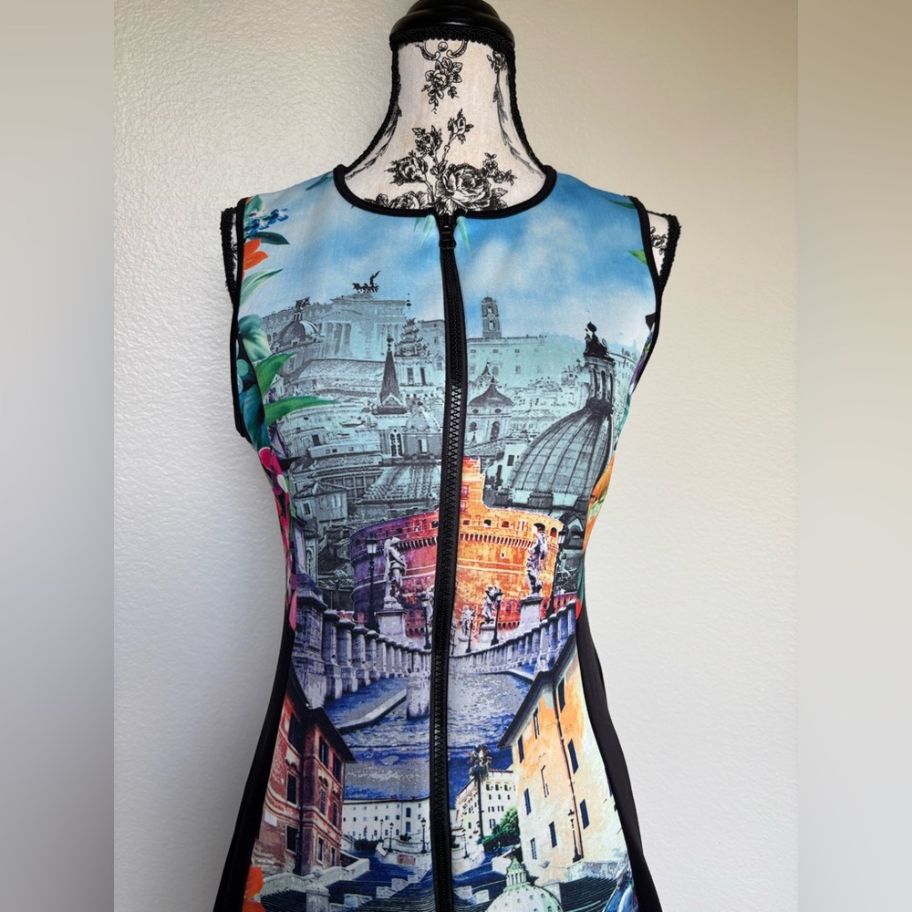 Just Love Multi-Color Scenic Print Midi Dress with Black Panels - Picture 3 of 15